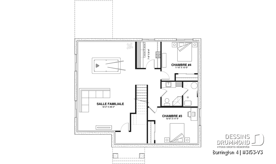 Sous-sol aménagé (Optionel $) - 3153-V3 Plan de maison Farmhouse, 2 à 4 chambres, sous-sol aménagé optionnel ($), 2 sdb, garde-manger - Barrington 4