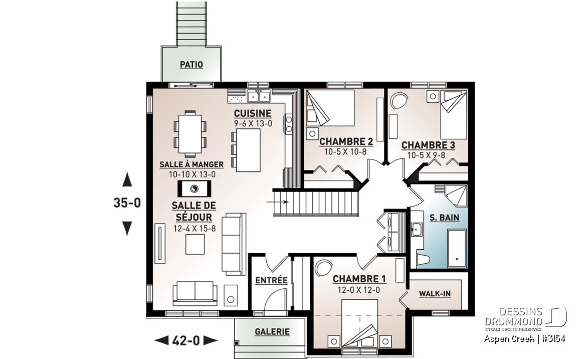 Rez-de-chaussée - Plan maison plain-pied avec 3 chambres au rez-de-chaussée, chambre principale avec walk-in, foyer central - Aspen Creek
