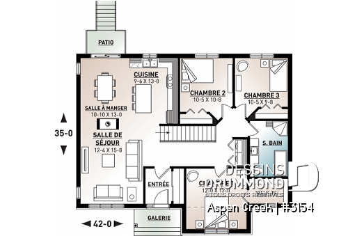 Rez-de-chaussée - Plan maison champêtre rustique, buanderie et 3 chambres au rez-de-chaussée, walk-in chambre maîtres, foyer - Aspen Creek