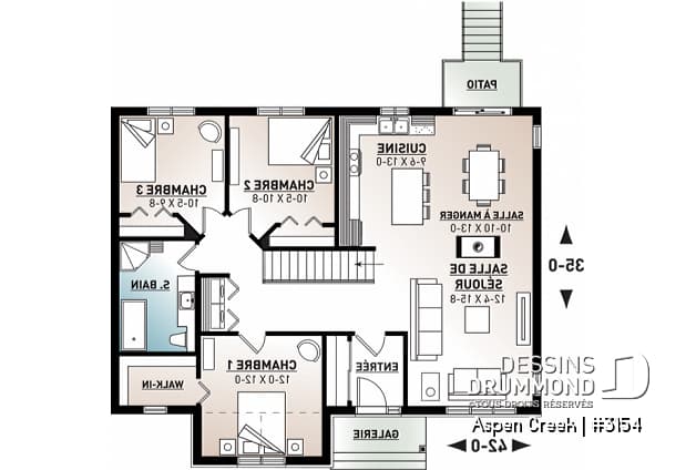 Rez-de-chaussée - Plan maison champêtre rustique, buanderie et 3 chambres au rez-de-chaussée, walk-in chambre maîtres, foyer - Aspen Creek