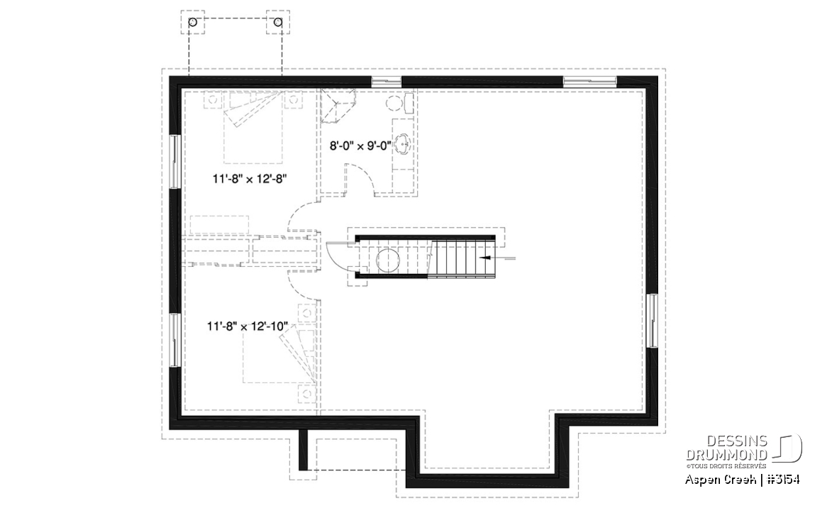 Sous-sol - Plan maison plain-pied avec 3 chambres au rez-de-chaussée, chambre principale avec walk-in, foyer central - Aspen Creek