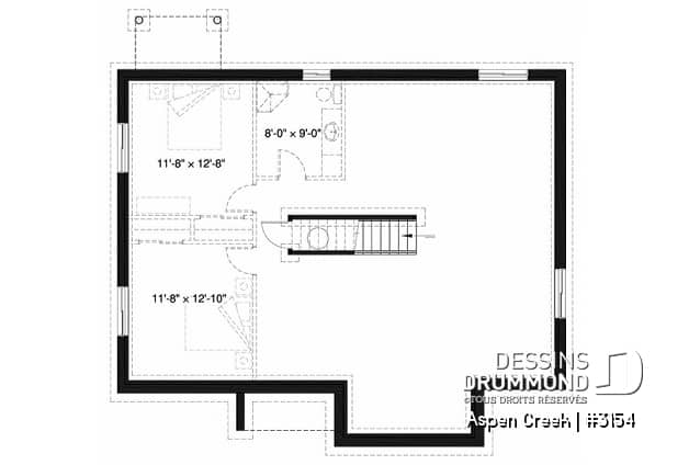 Sous-sol - Plan maison champêtre rustique, buanderie et 3 chambres au rez-de-chaussée, walk-in chambre maîtres, foyer - Aspen Creek