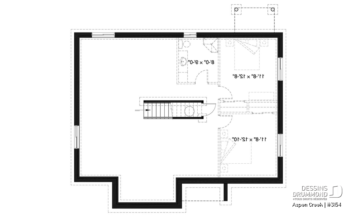 Sous-sol - Plan maison plain-pied avec 3 chambres au rez-de-chaussée, chambre principale avec walk-in, foyer central - Aspen Creek