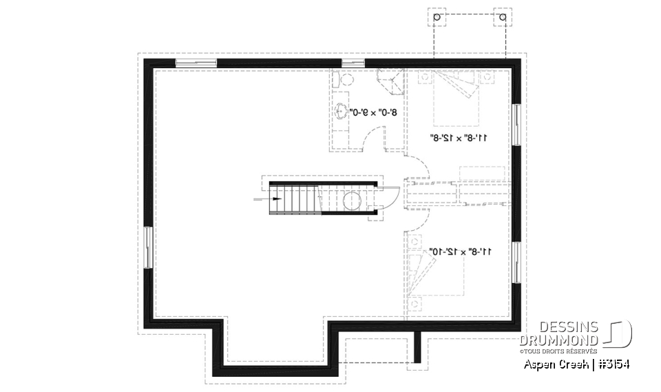 Sous-sol - Plan maison champêtre rustique, buanderie et 3 chambres au rez-de-chaussée, walk-in chambre maîtres, foyer - Aspen Creek