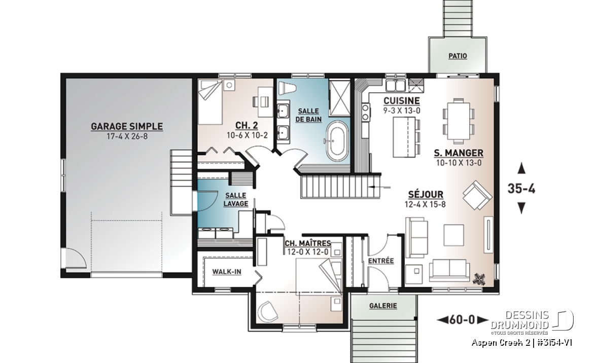 Rez-de-chaussée - Plan de maison plain-pied avec garage et 2 chambres, salle de lavage au rez-de-chaussée, vestibule fermé - Aspen Creek 2