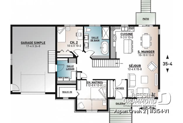 Rez-de-chaussée - Plan de maison de plain-pied 2 chambres avec garage, vestiaire et salle de lavage, aire ouverte - Aspen Creek 2