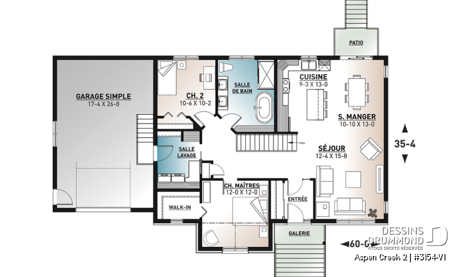 Rez-de-chaussée - Modèle de maison de plain-pied 2 chambres avec garage, vestiaire et salle de lavage, aire ouverte - Aspen Creek 2