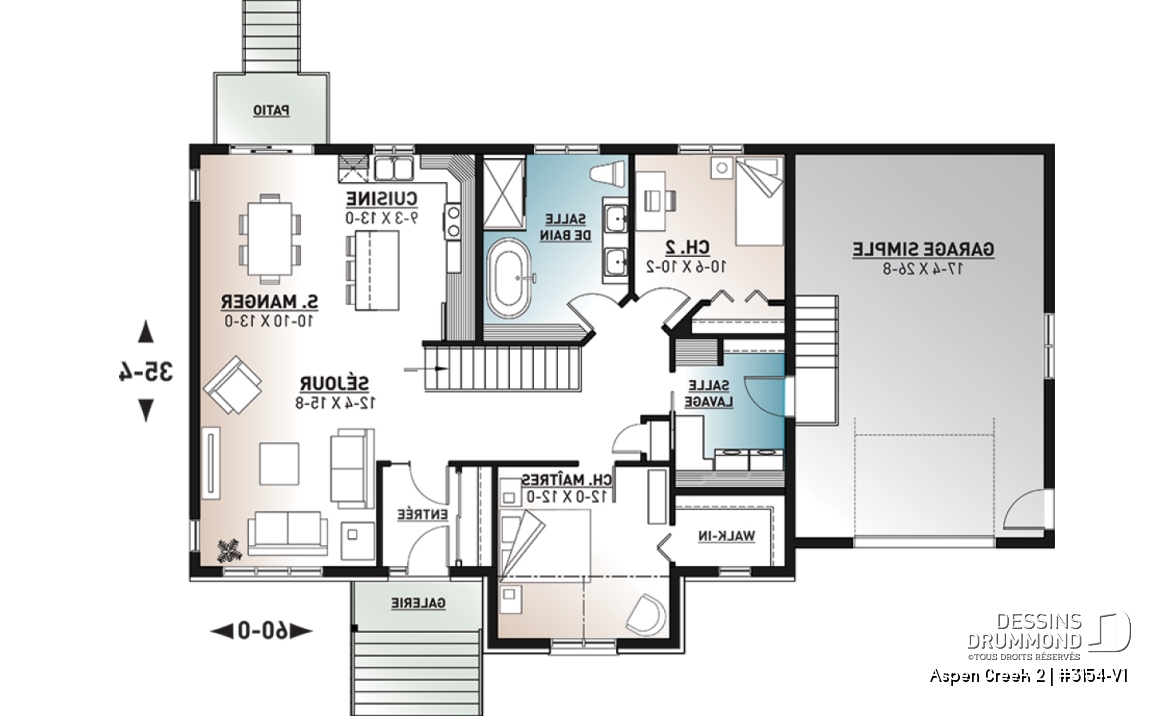 Rez-de-chaussée - Plan de maison plain-pied avec garage et 2 chambres, salle de lavage au rez-de-chaussée, vestibule fermé - Aspen Creek 2