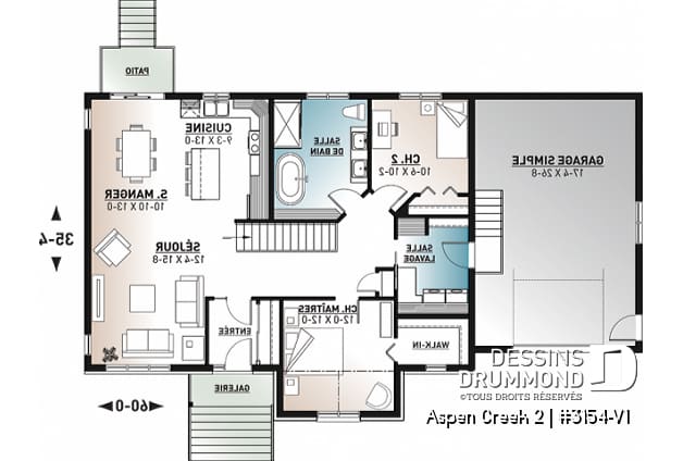 Rez-de-chaussée - Plan de maison de plain-pied 2 chambres avec garage, vestiaire et salle de lavage, aire ouverte - Aspen Creek 2