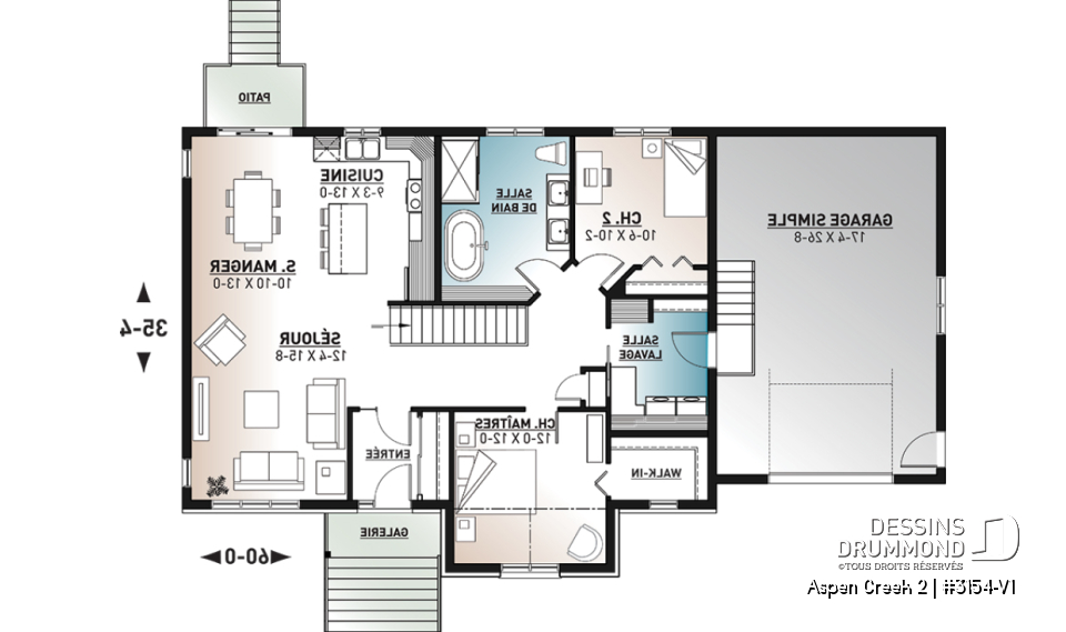 Rez-de-chaussée - Modèle de maison de plain-pied 2 chambres avec garage, vestiaire et salle de lavage, aire ouverte - Aspen Creek 2