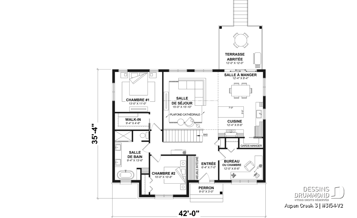 Rez-de-chaussée - Plan de maison plain-pied Farmhouse, bureau, jusqu’à 5 chambres, sous-sol aménagé optionnel ($) - Aspen Creek 3