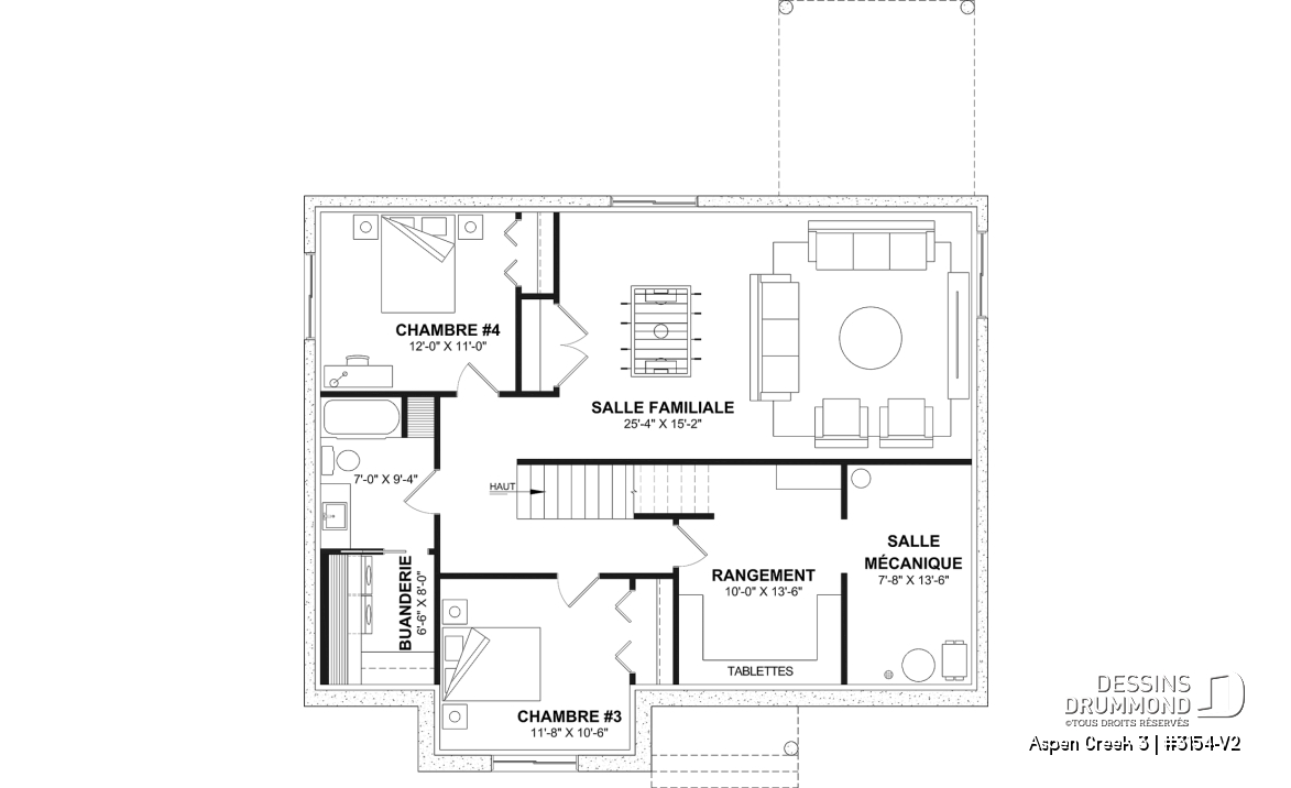 Sous-sol aménagé (Optionel $) - Plan de maison plain-pied Farmhouse, bureau, jusqu’à 5 chambres, sous-sol aménagé optionnel ($) - Aspen Creek 3