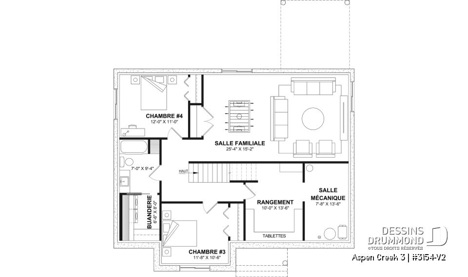 Sous-sol aménagé (Optionel $) - Plan de maison plain-pied Farmhouse, bureau, jusqu’à 5 chambres, sous-sol aménagé optionnel ($) - Aspen Creek 3