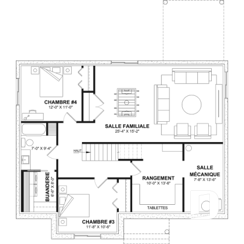 Sous-sol aménagé (Optionel $) - Plan de maison plain-pied Farmhouse, bureau, jusqu’à 5 chambres, sous-sol aménagé optionnel ($) - Aspen Creek 3