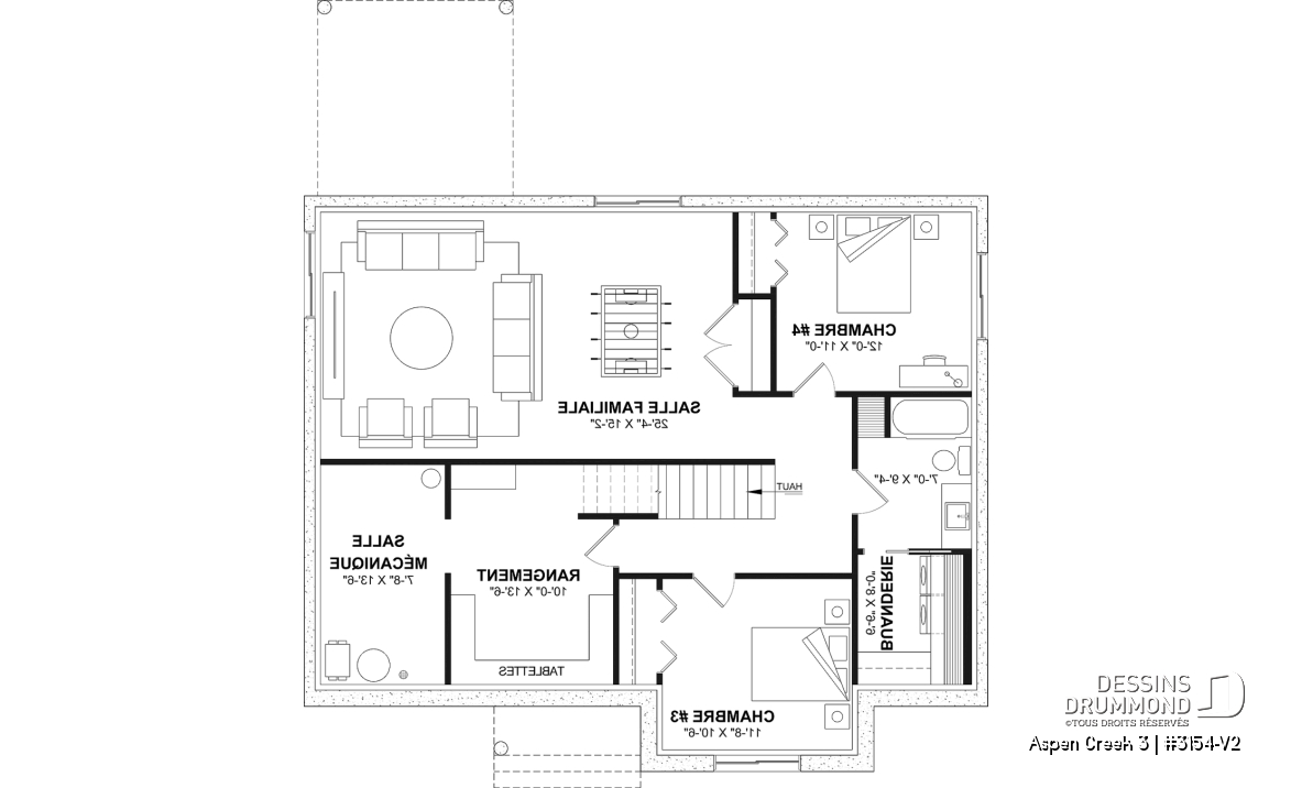 Sous-sol aménagé (Optionel $) - Plan de maison plain-pied Farmhouse, bureau, jusqu’à 5 chambres, sous-sol aménagé optionnel ($) - Aspen Creek 3
