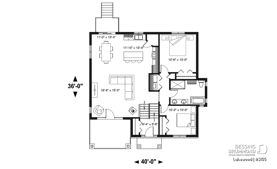 Rez-de-chaussée - Plan maison 2 chambres, style chalet, balcon avant couvert, poêle à bois, îlot et garde-manger - Lakewood
