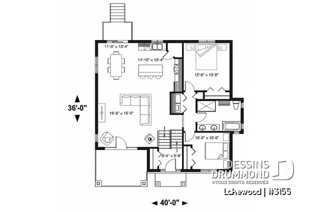 Rez-de-chaussée - Plan maison 2 chambres, style chalet, balcon avant couvert, poêle à bois, îlot et garde-manger - Lakewood