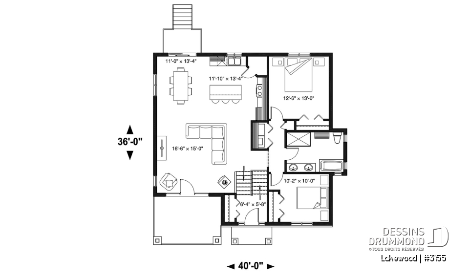 Rez-de-chaussée - Plan maison 2 chambres, style chalet, balcon avant couvert, poêle à bois, îlot et garde-manger - Lakewood