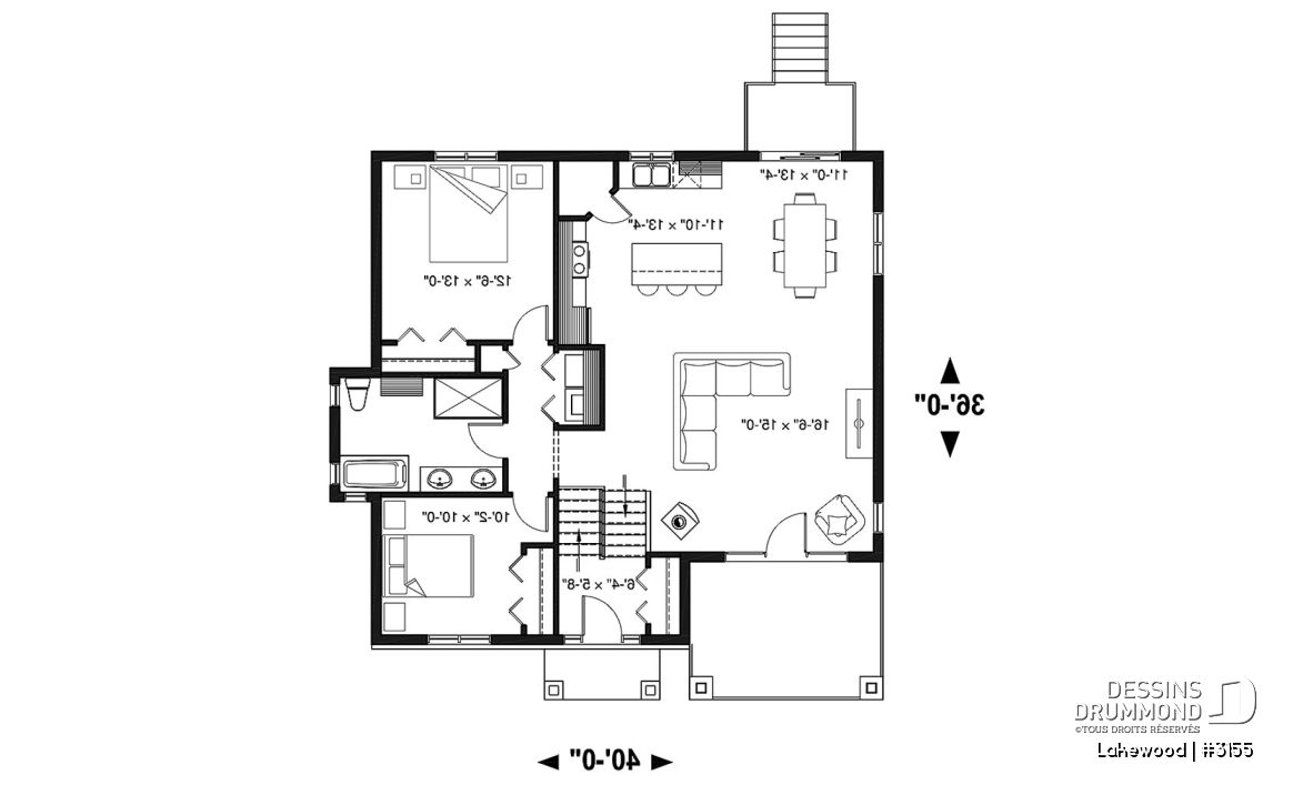 Rez-de-chaussée - Plan maison 2 chambres, style chalet, balcon avant couvert, poêle à bois, îlot et garde-manger - Lakewood