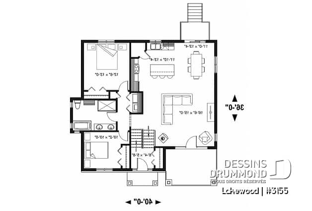 Rez-de-chaussée - Plan maison 2 chambres, style chalet, balcon avant couvert, poêle à bois, îlot et garde-manger - Lakewood