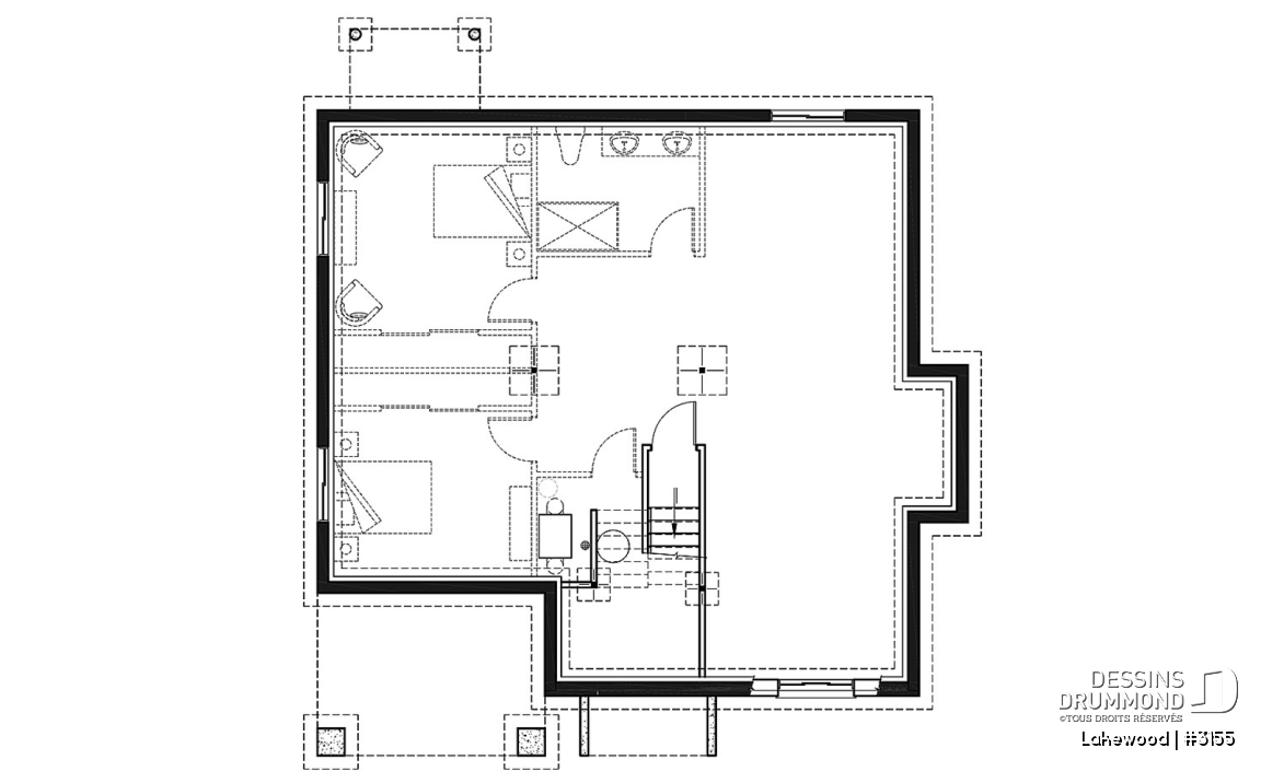 Sous-sol - Plan maison 2 chambres, style chalet, balcon avant couvert, poêle à bois, îlot et garde-manger - Lakewood