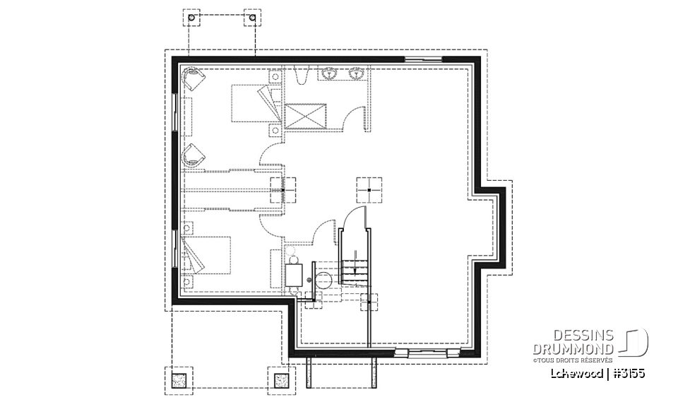 Sous-sol - Plan maison 2 chambres, style chalet, balcon avant couvert, poêle à bois, îlot et garde-manger - Lakewood