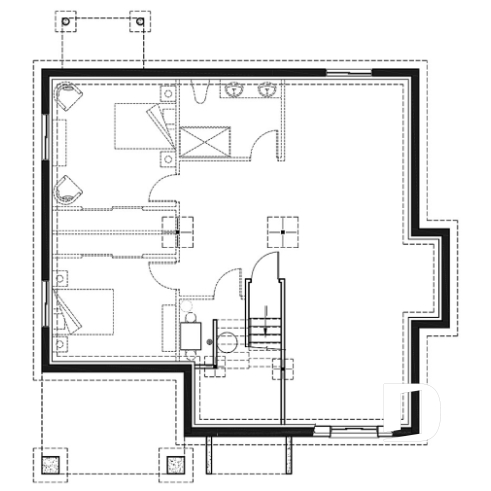 Sous-sol - Plan maison 2 chambres, style chalet, balcon avant couvert, poêle à bois, îlot et garde-manger - Lakewood