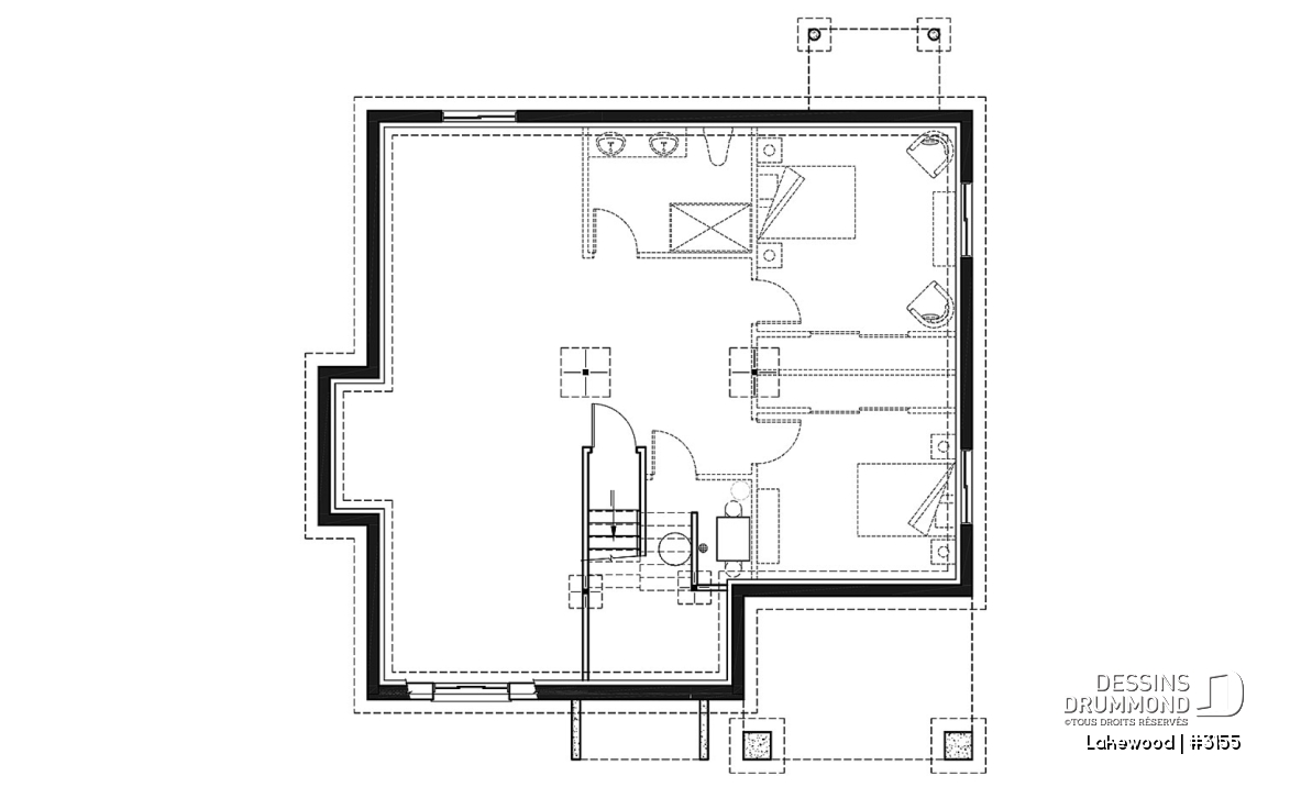 Sous-sol - Plan maison 2 chambres, style chalet, balcon avant couvert, poêle à bois, îlot et garde-manger - Lakewood