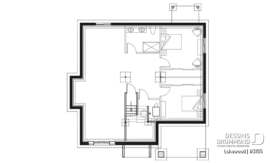 Sous-sol - Plan maison 2 chambres, style chalet, balcon avant couvert, poêle à bois, îlot et garde-manger - Lakewood