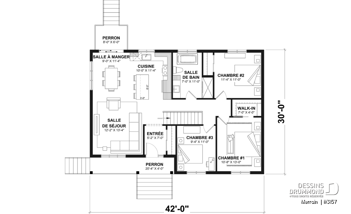 Rez-de-chaussée - Modèle de maison plain-pied avec 3 chambres au rez-de-chaussée, sous-sol sorti de terre, non-fini à aménager - Merrain 