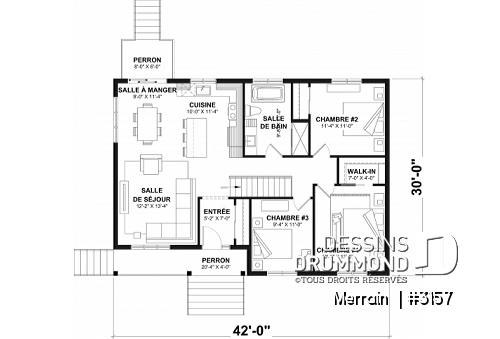 Rez-de-chaussée - Modèle de maison plain-pied avec 3 chambres au rez-de-chaussée, sous-sol sorti de terre, non-fini à aménager - Merrain 