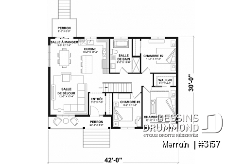 Rez-de-chaussée - Modèle de maison plain-pied avec 3 chambres au rez-de-chaussée, sous-sol sorti de terre, non-fini à aménager - Merrain 