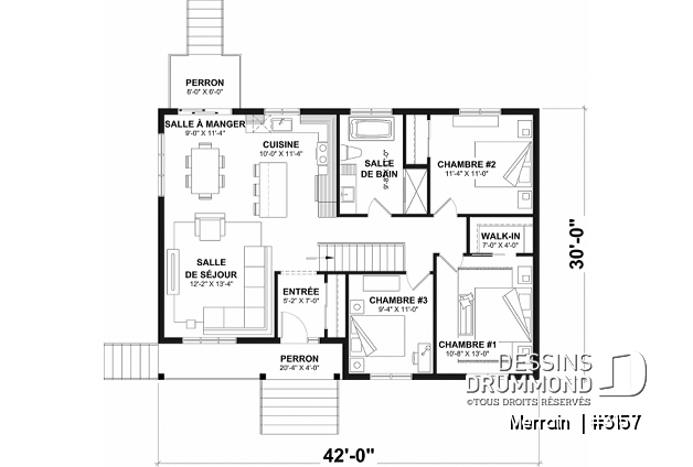 Rez-de-chaussée - Modèle de maison plain-pied avec 3 chambres au rez-de-chaussée, sous-sol sorti de terre, non-fini à aménager - Merrain 