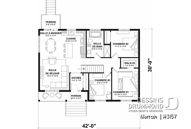 Rez-de-chaussée - Modèle de maison plain-pied avec 3 chambres au rez-de-chaussée, sous-sol sorti de terre, non-fini à aménager - Merrain 