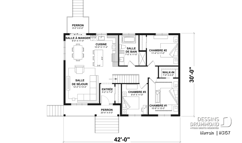 Rez-de-chaussée - Modèle de maison plain-pied avec 3 chambres au rez-de-chaussée, sous-sol sorti de terre, non-fini à aménager - Merrain 