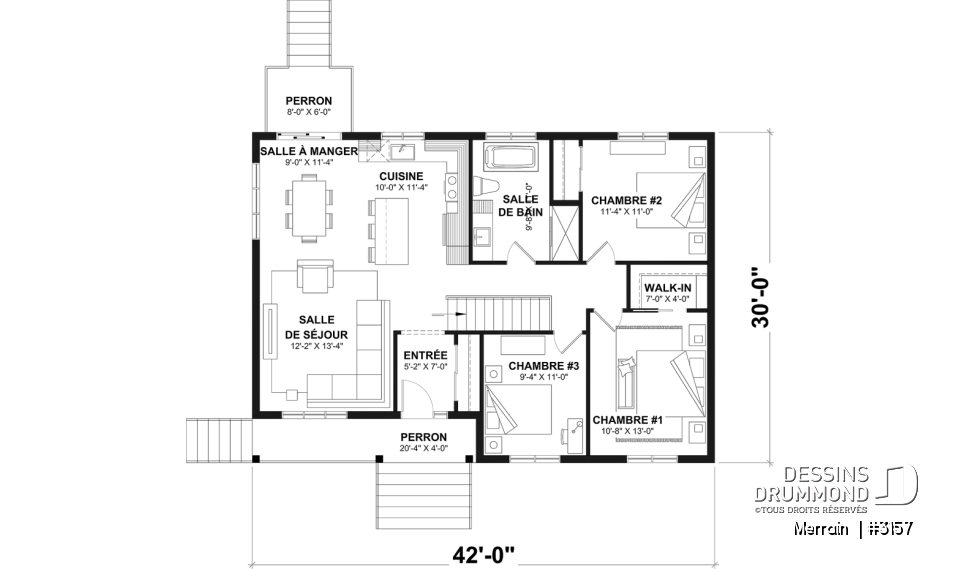 Rez-de-chaussée - Modèle de maison plain-pied avec 3 chambres au rez-de-chaussée, sous-sol sorti de terre, non-fini à aménager - Merrain 