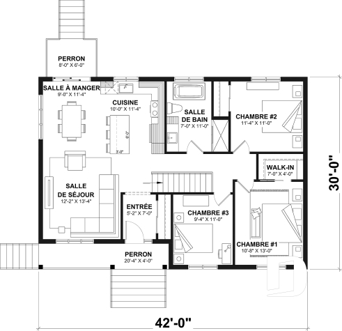 Rez-de-chaussée - Modèle de maison plain-pied avec 3 chambres au rez-de-chaussée, sous-sol sorti de terre, non-fini à aménager - Merrain 