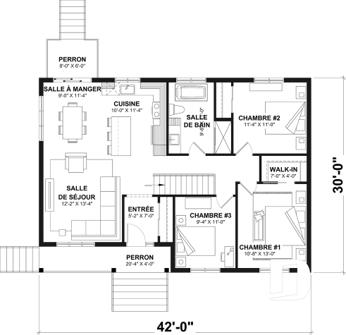 Rez-de-chaussée - Modèle de maison plain-pied avec 3 chambres au rez-de-chaussée, sous-sol sorti de terre, non-fini à aménager - Merrain 