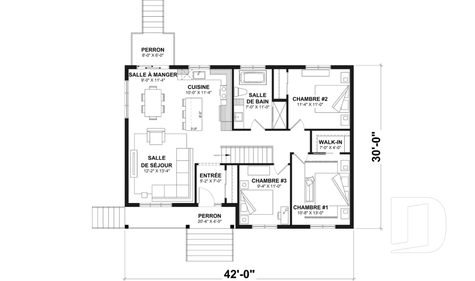 Rez-de-chaussée - Modèle de maison plain-pied avec 3 chambres au rez-de-chaussée, sous-sol sorti de terre, non-fini à aménager - Merrain 