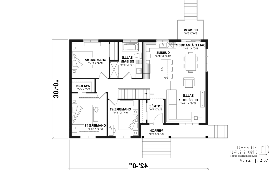 Rez-de-chaussée - Modèle de maison plain-pied avec 3 chambres au rez-de-chaussée, sous-sol sorti de terre, non-fini à aménager - Merrain 