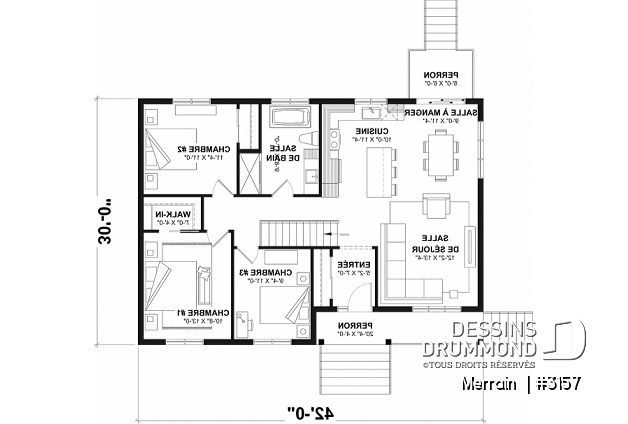Rez-de-chaussée - Modèle de maison plain-pied avec 3 chambres au rez-de-chaussée, sous-sol sorti de terre, non-fini à aménager - Merrain 