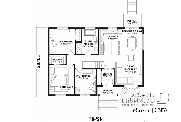 Rez-de-chaussée - Modèle de maison plain-pied avec 3 chambres au rez-de-chaussée, sous-sol sorti de terre, non-fini à aménager - Merrain 