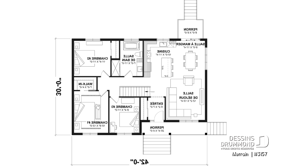 Rez-de-chaussée - Modèle de maison plain-pied avec 3 chambres au rez-de-chaussée, sous-sol sorti de terre, non-fini à aménager - Merrain 