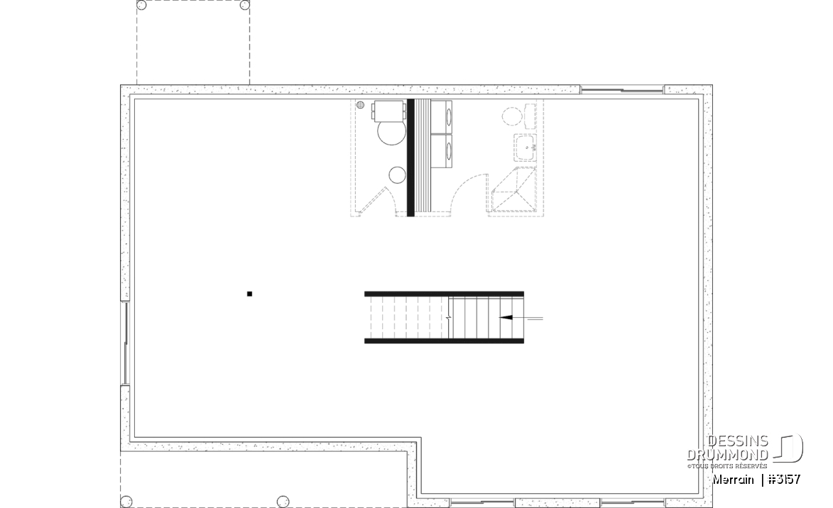 Sous-sol - Modèle de maison plain-pied avec 3 chambres au rez-de-chaussée, sous-sol sorti de terre, non-fini à aménager - Merrain 