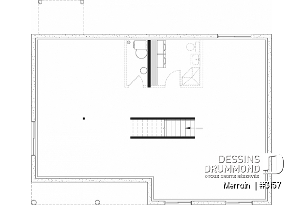 Sous-sol - Modèle de maison plain-pied avec 3 chambres au rez-de-chaussée, sous-sol sorti de terre, non-fini à aménager - Merrain 