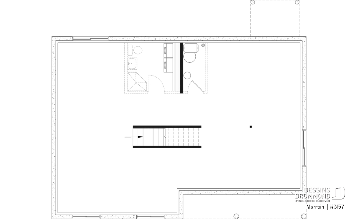 Sous-sol - Modèle de maison plain-pied avec 3 chambres au rez-de-chaussée, sous-sol sorti de terre, non-fini à aménager - Merrain 