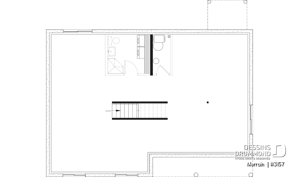 Sous-sol - Modèle de maison plain-pied avec 3 chambres au rez-de-chaussée, sous-sol sorti de terre, non-fini à aménager - Merrain 