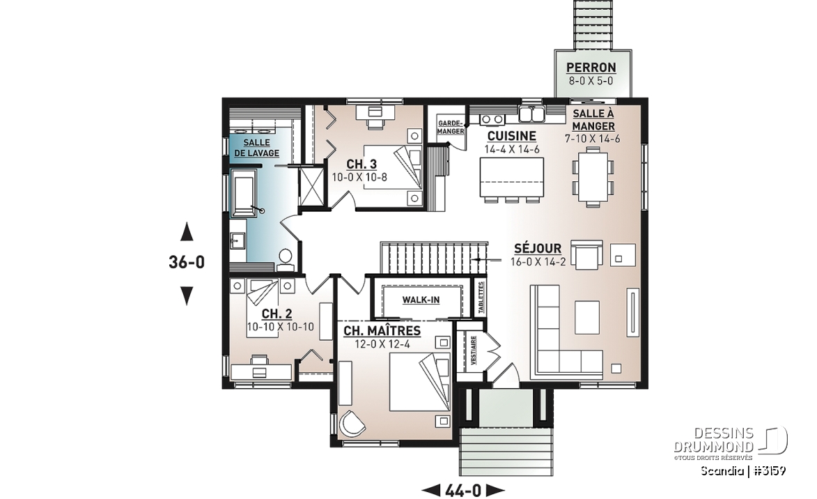 Rez-de-chaussée - Plan de plain-pied 3 chambres, cuisine avec garde-manger, vestiaire d'entrée, salle de lavage au premier - Scandia