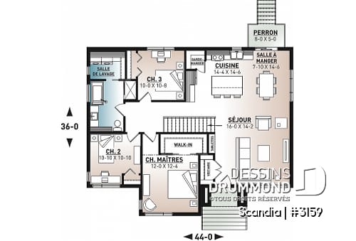 Rez-de-chaussée - Plan de plain-pied 3 chambres, cuisine avec garde-manger, vestiaire d'entrée, salle de lavage au premier - Scandia