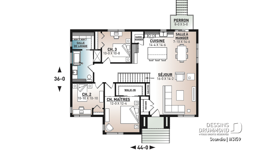 Rez-de-chaussée - Plan de plain-pied 3 chambres, cuisine avec garde-manger, vestiaire d'entrée, salle de lavage au premier - Scandia